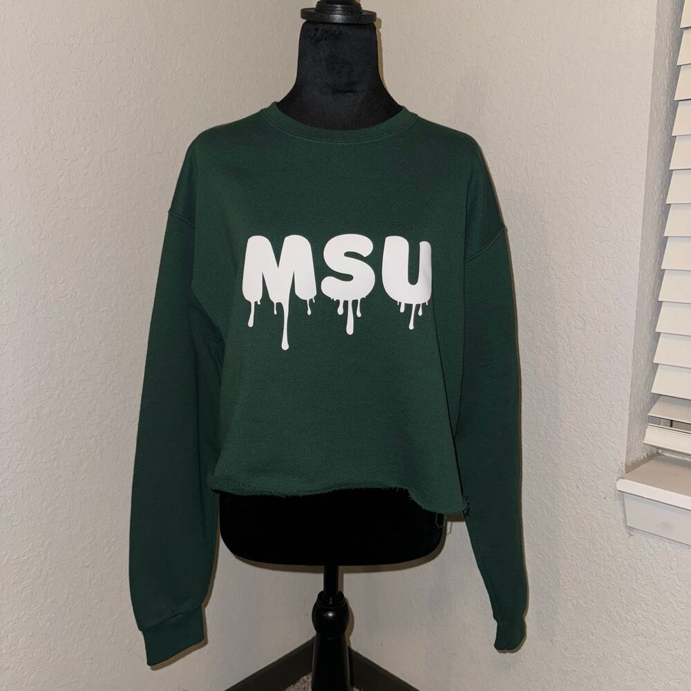 Jerzees MSU Michigan State University M Cropped Crewneck Green/White Trippy Font